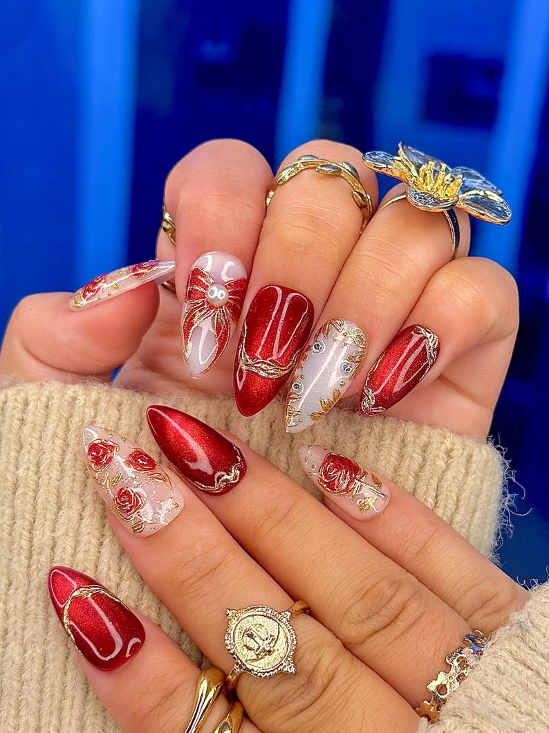 Press On Nails For Christmas Holiday Christmas Nails Gold Leaf Luxury Nail Art Pearl Accent Classy Nails