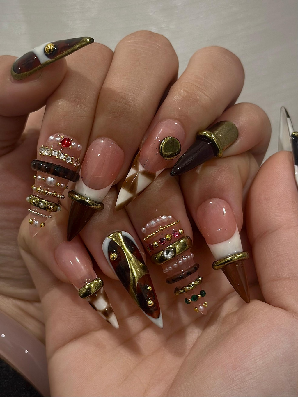 Brown Gold Luxe Press On Nails, Sculptural Ring Nail Art, Luxury Jewelry Inspired Nails