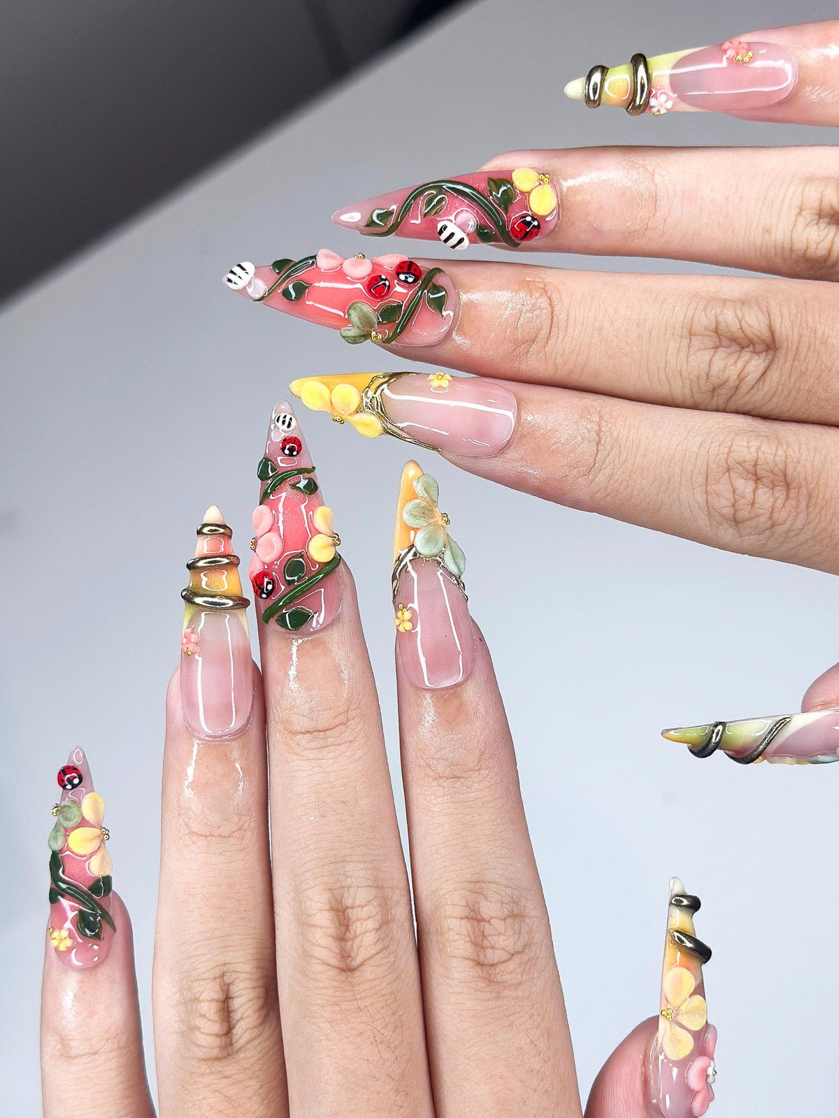 3D Ladybug Floral Press On Nails, Metallic Vines Enchanted Garden Set