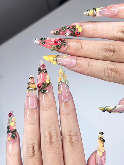 3D Ladybug Floral Press On Nails, Metallic Vines Enchanted Garden Set