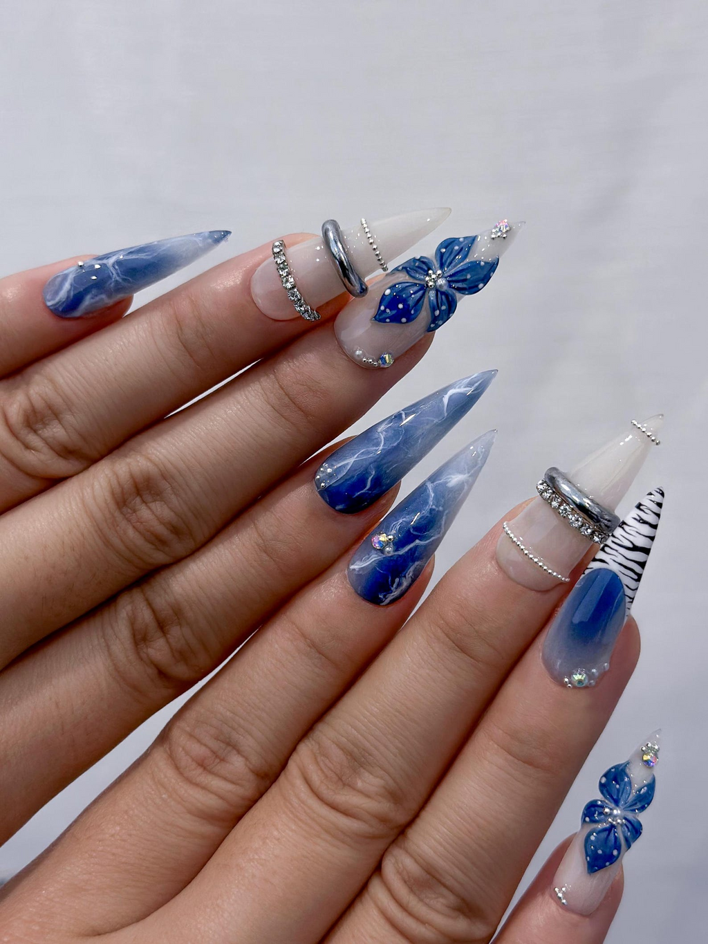 Blue Marble Blossom Press On Nails for Spring Blue Handmade Nude & Sapphire Nails with