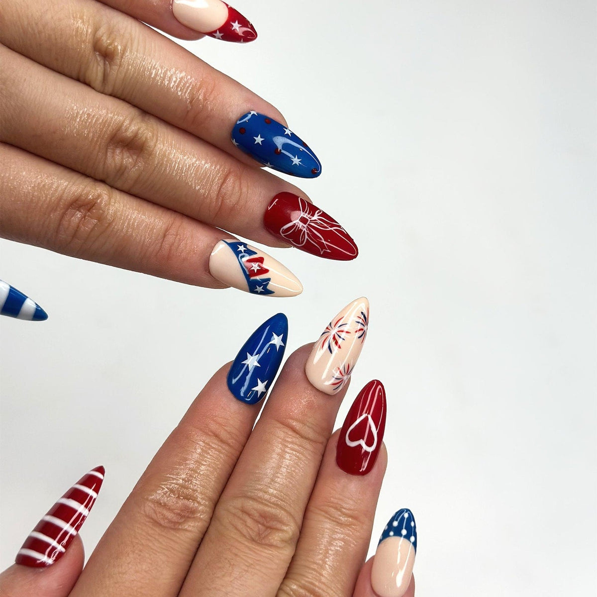 4th of July Press On Nails, Handpainted Patriotic USA Flag Almond Nails