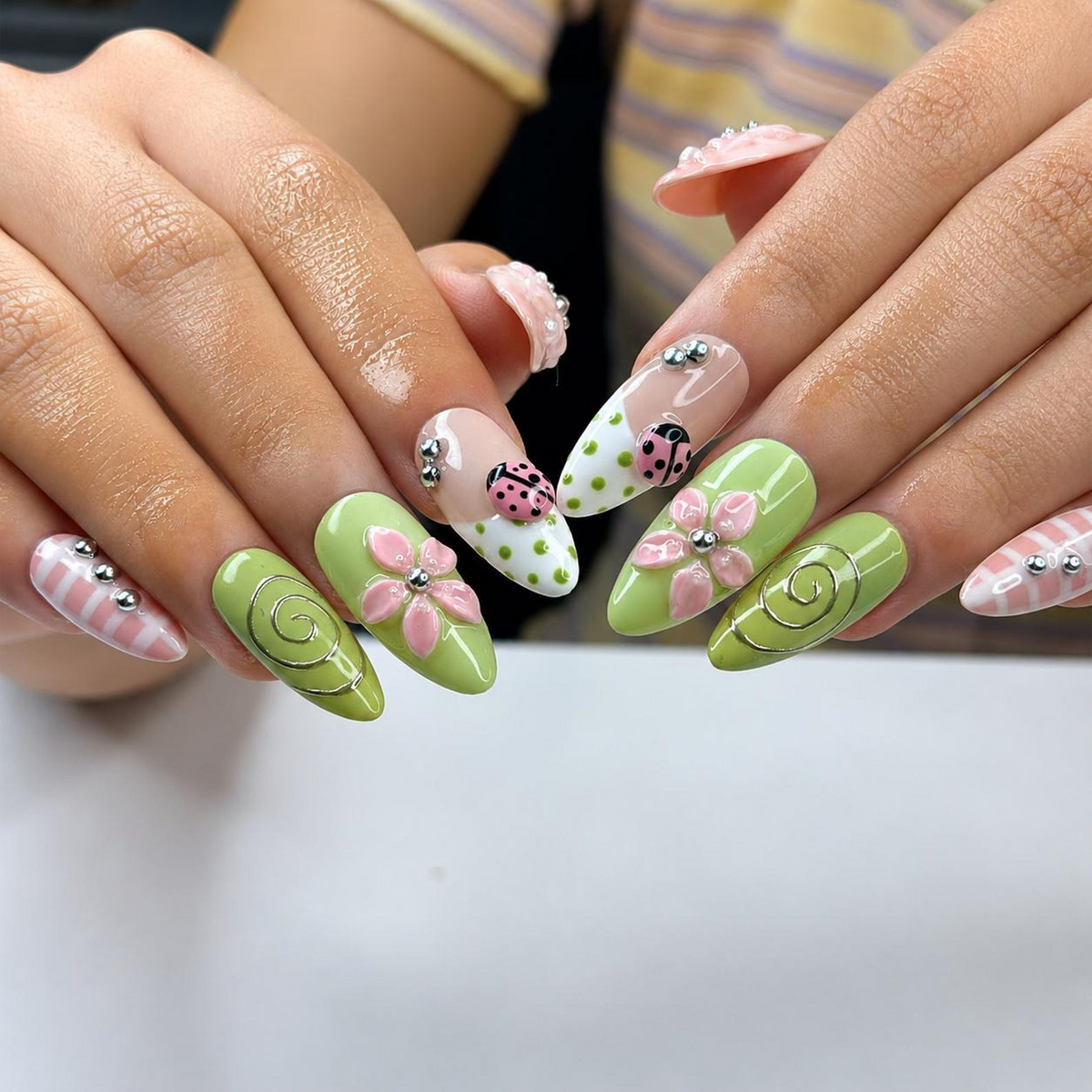 Ladybug Press On Nails Almond • Spring Garden Gift • Pink Green 3D Flower Cute Kawaii