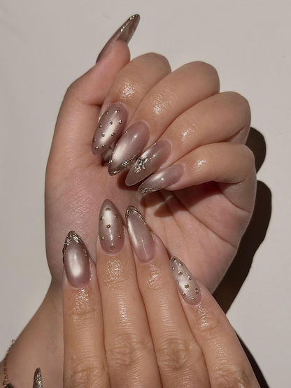 Luxury Cat Eye Press On Nails, Luxury Gold Foil Trim Fake Nails, Elegant Nude Shimmer