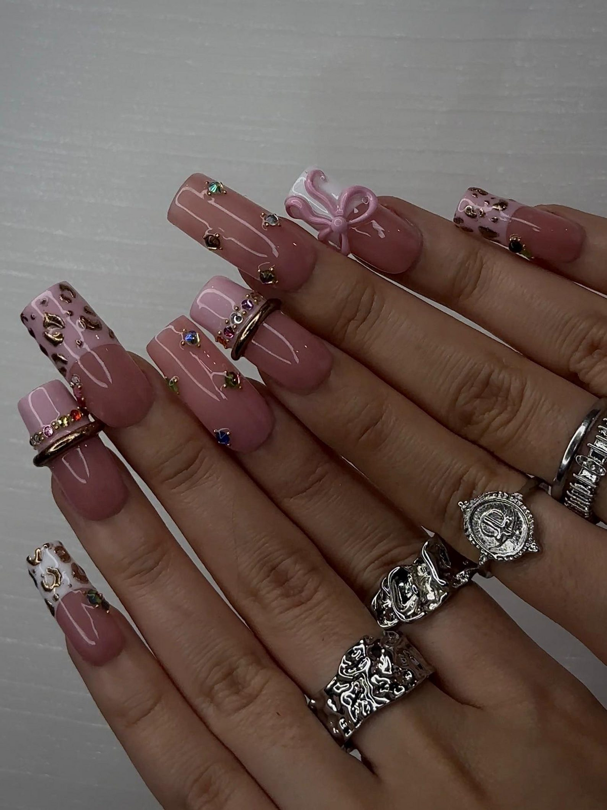Blush Pink Leopard Press On Nails for Luxury Nail Lovers Nude Pink Nails with 3D Bow
