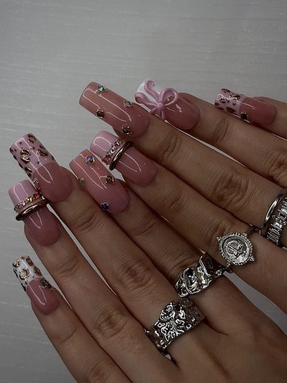 Blush Pink Leopard Press On Nails for Luxury Nail Lovers Nude Pink Nails with 3D Bow