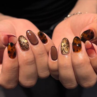 Autumn Burgundy Tortoiseshell Press On Nails Gold Orchid Accent Nails Gradient Fall Nail Art Elegant Autumn Nail Set