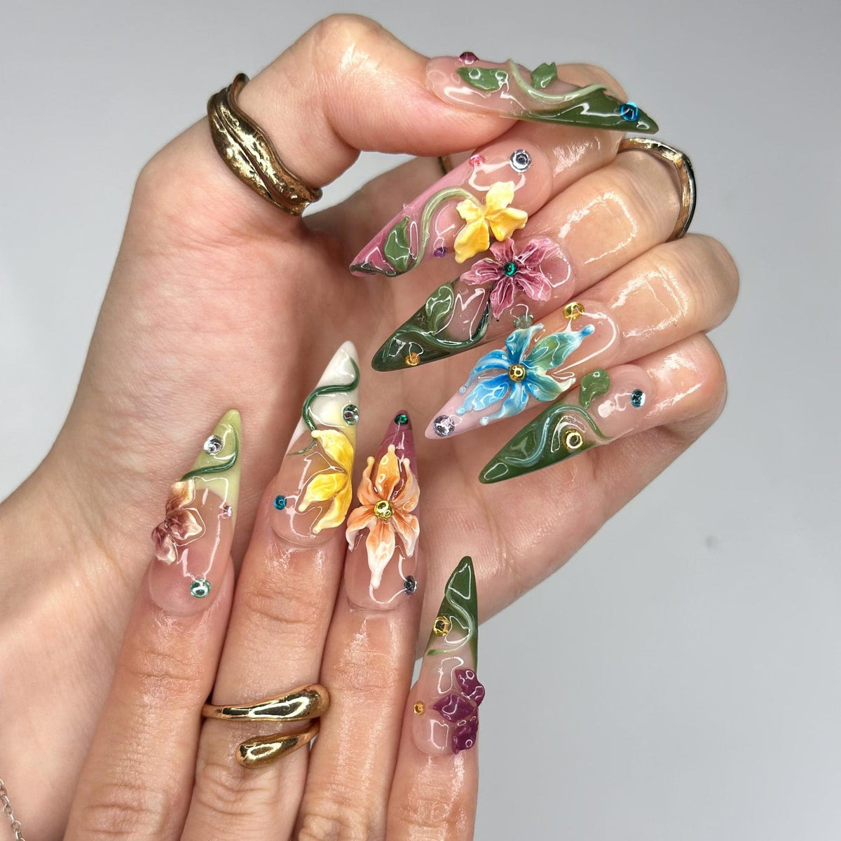 3D Tropical Flower Fairy Press On Nails, Colorful Floral & Green Vine Art, Whimsical
