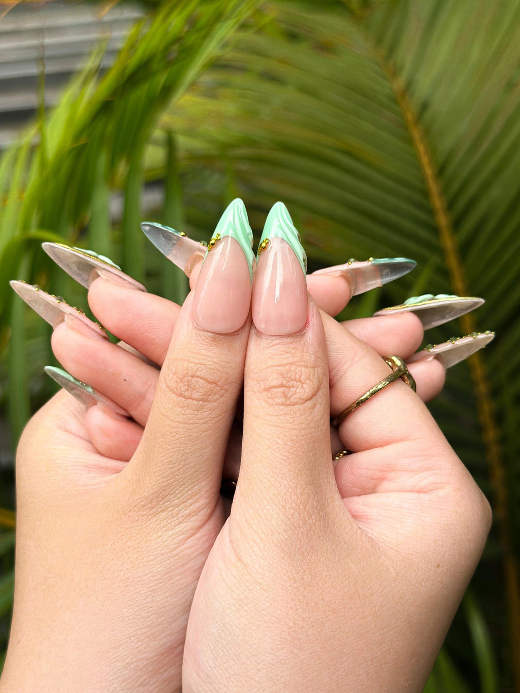 Jade Green Press On Nails with 3D Flower and Gold Detail, Elegant Floral Nails in Almond