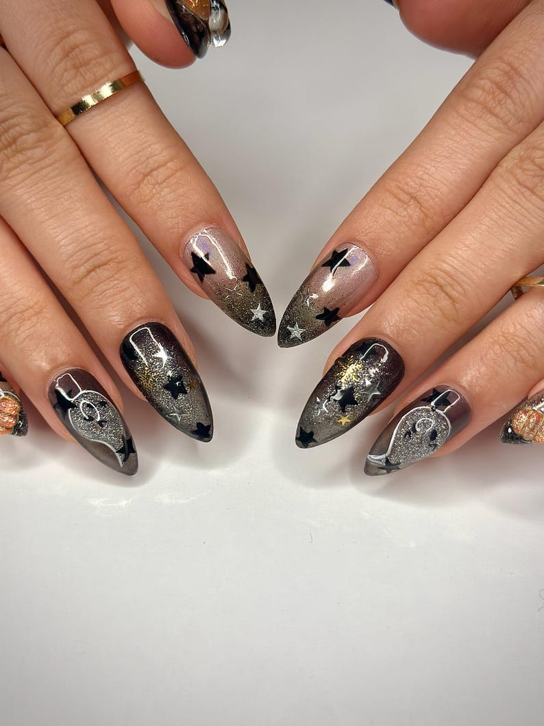 Pumpkin Gothic Press On Nails, Halloween Black & Orange Nails, Handmade Spooky Nail