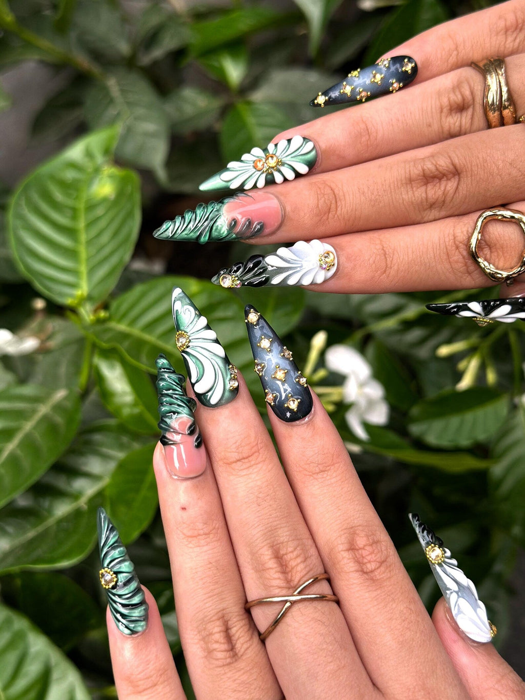 Green Black Press On Nails with 3D Floral and Gold Detail, Elegant Botanical Nails in