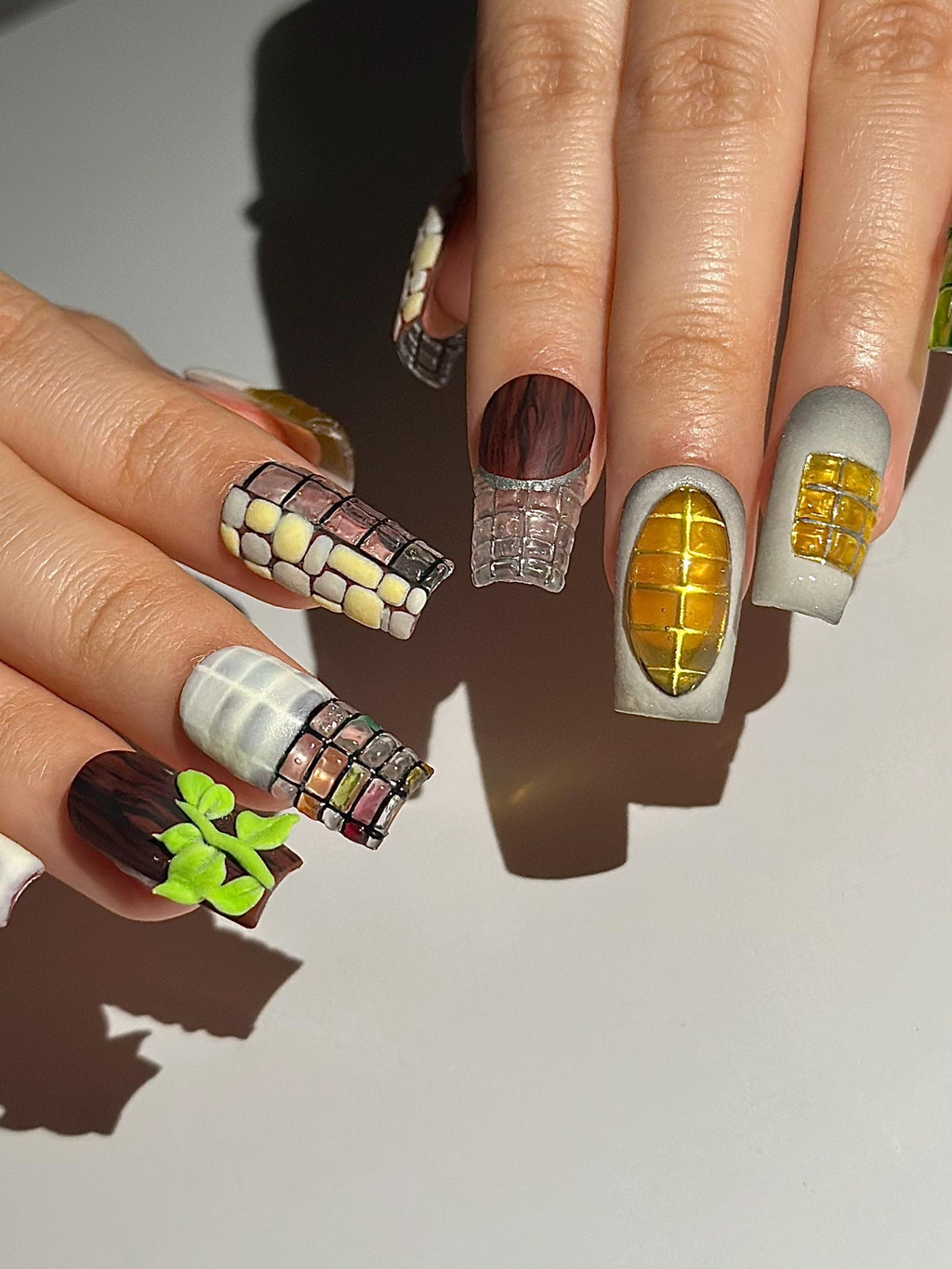 Abstract Texture Press On Nails, Mixed Media Artisan Nails with 3D Foliage, Handcrafted