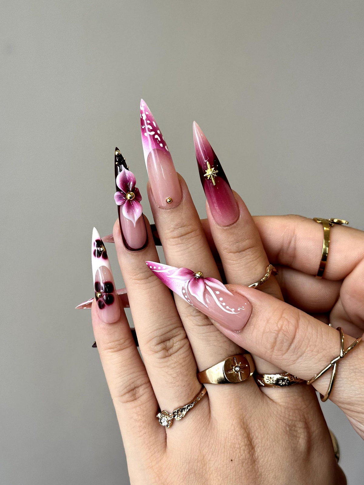 Elegant Floral Press On Nails 3D Floral Ombre Nails Burgundy & Pink Gradient Nail Art