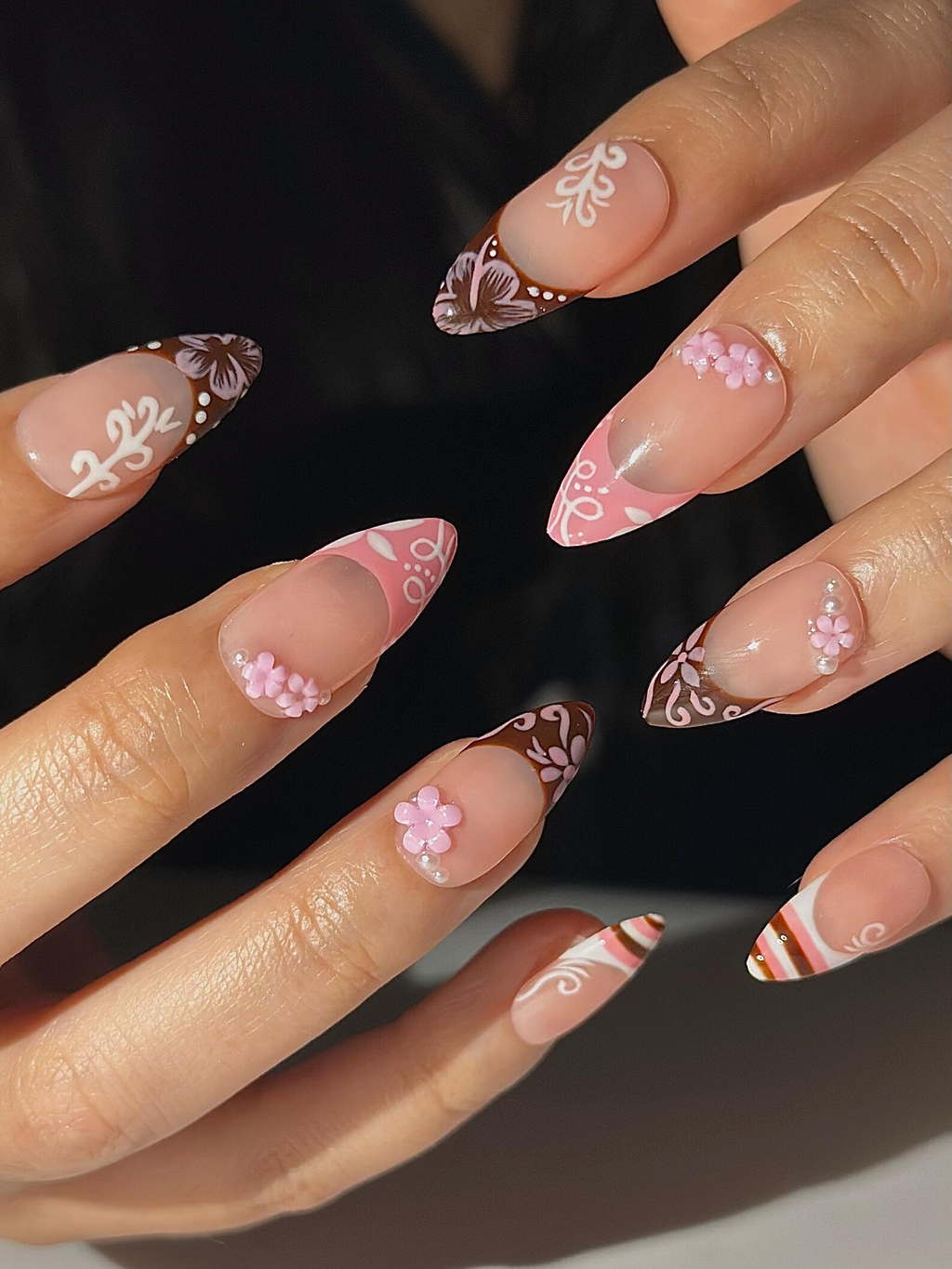 Pink Brown Floral Press On Nails Cute Pink Nail Art Sweet Dessert Inspired Nails 3D Flower