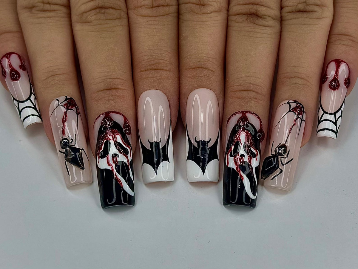 Gothic Spider Web Press On Nails 3D Black Widow and Blood Drip Art Scream Ghost & Webbed Bat Design Halloween Horror Nail