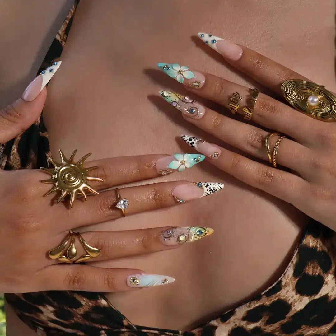 Aqua Luxe Blue 3D Floral Press On Nails