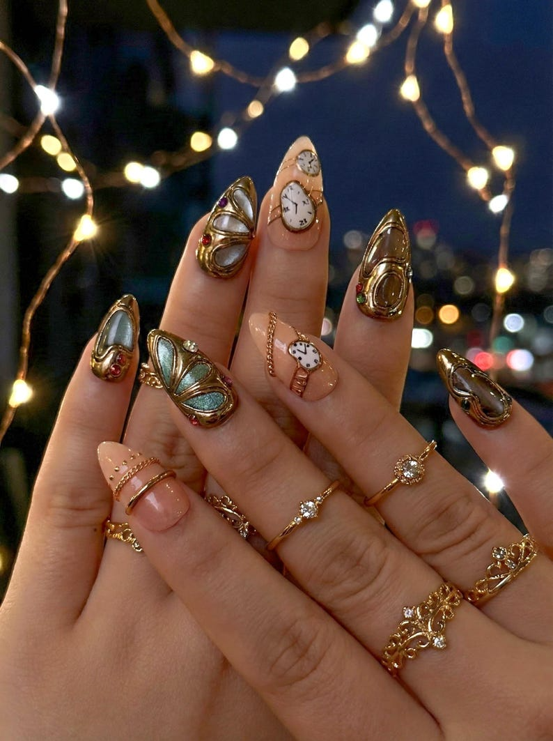 Opulent Gold Luxury Press On Nails Vintage Watch Gothic Nail Art Gold Frame Clock Inspired Nail Set