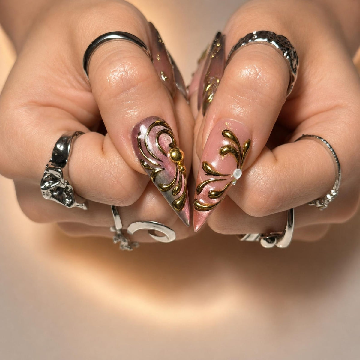 Fairycore Stiletto Press On Nails • Wedding Guest Prom Vibe • 3D Gold Chrome Vine •