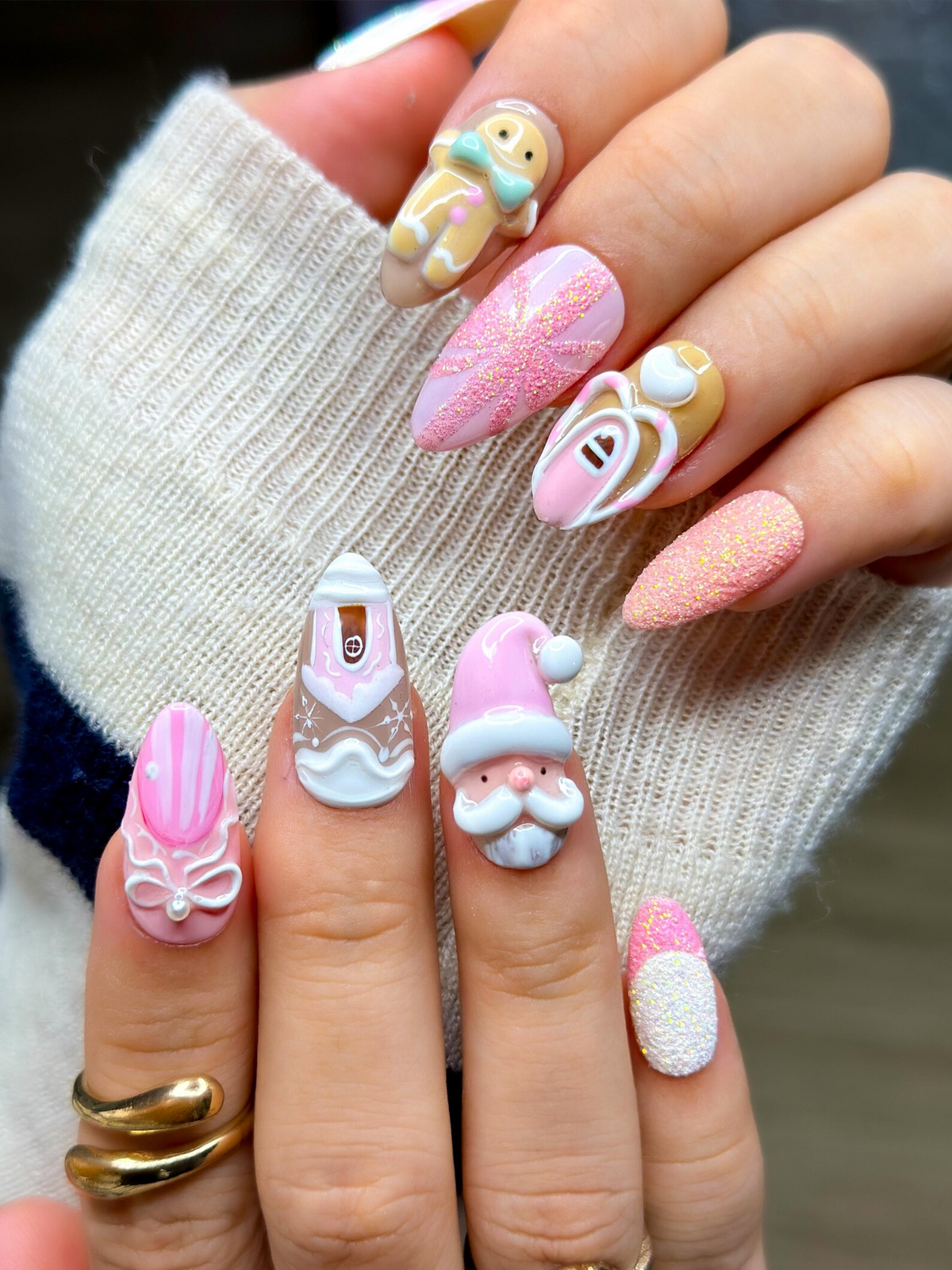 Pink Gingerbread Christmas Press On Nails Festive Holiday Nail Art 3D Santa & Candy Cane Nail Set Handmade Pink Winter Nails