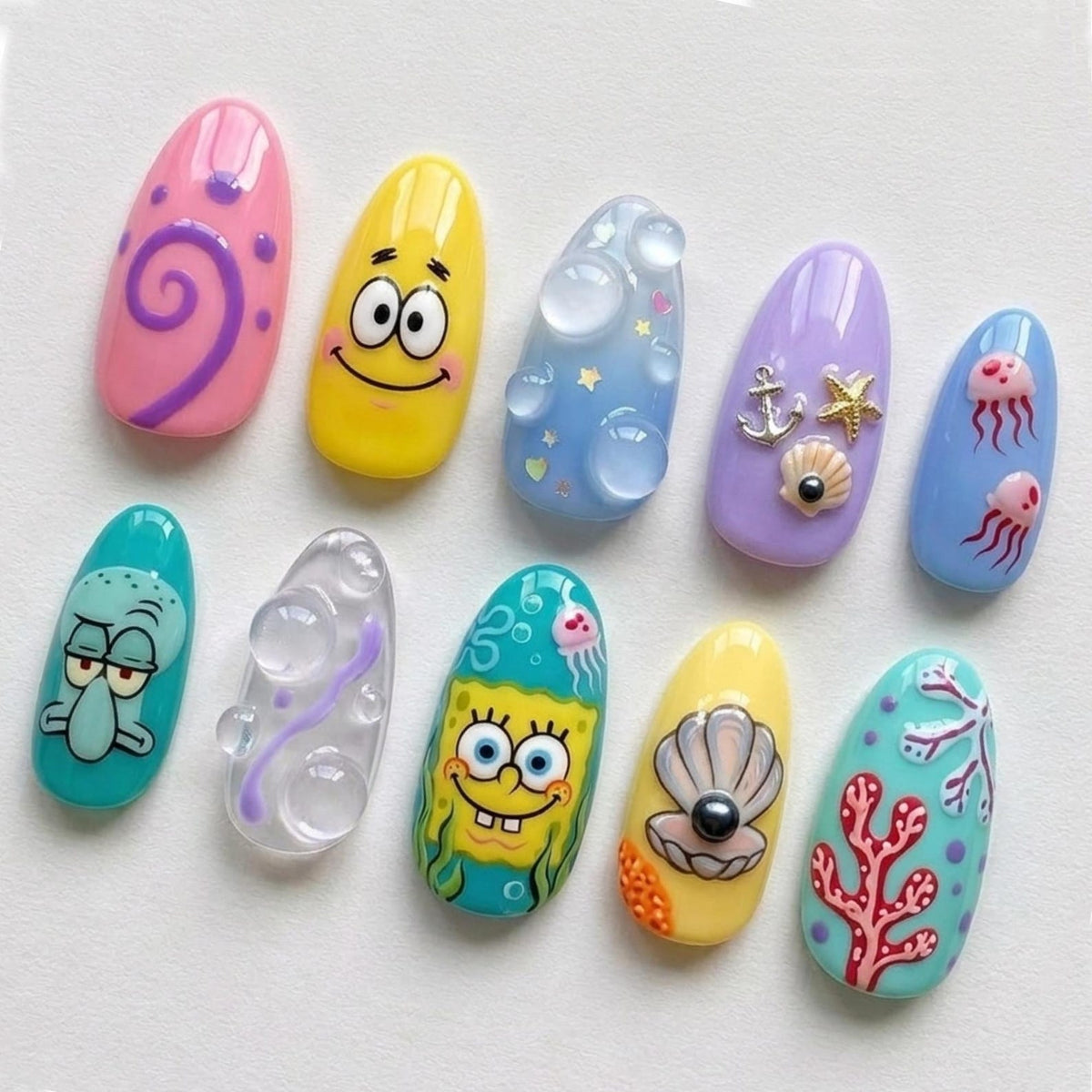 SpongeBob Press On Nails Summer Handpainted Cartoon Patrick Star Squidward Custom Fake