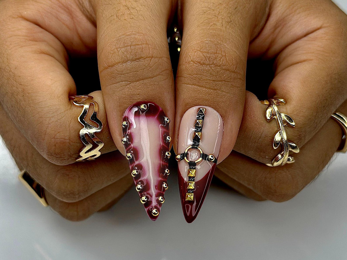Gothic Punk Press On Nails Red Marble & Studded Spiked Nail Art Handmade Long Stiletto Nails