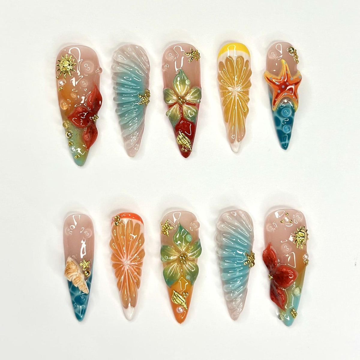 3D Fruit & Tropical Flower Nails, Yellow Lemon Orange Citrus Press On, Pastel Blue Shell