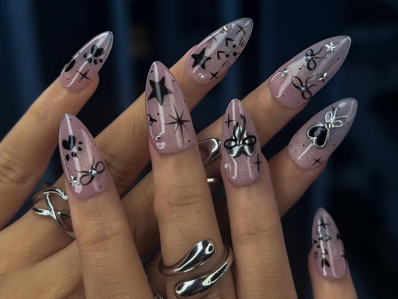 Bengals Cat Press On Nails Holiday Chrome Pink Nails Cute Bow & Stars Nail Art Christmas Gift for Her Mystic Winter Cat Press On Nails