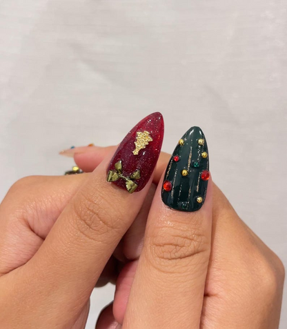 Luxe Christmas Press On Nails, Red Green Gold Christmas Nails, 3D Bow & Bell Nail Art