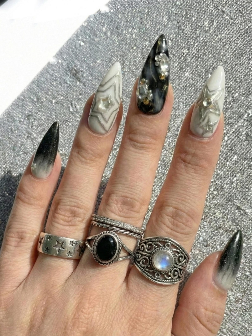 Gothic Black Cat Galaxy Press On Nails for Bold Girls Handmade Silver Star Fake Nails Dark Smoky Crystal Nail Art