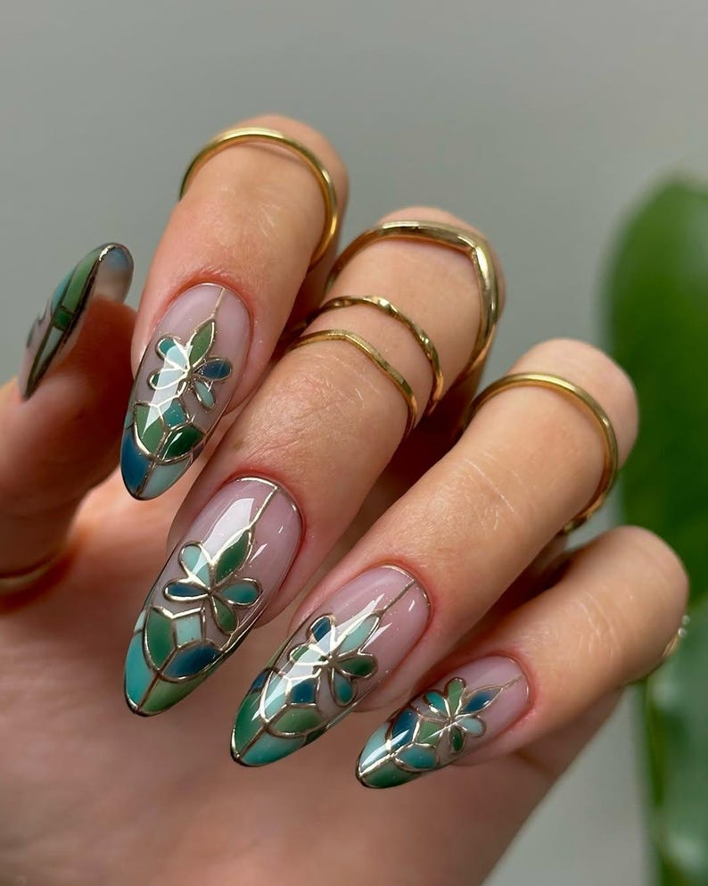 Stained Glass Floral Press On Nails Neutral Floral Press Ons Nude & Metallic Fake NailsElegant Bridal Nail ArtWedding NailsOB778YC
