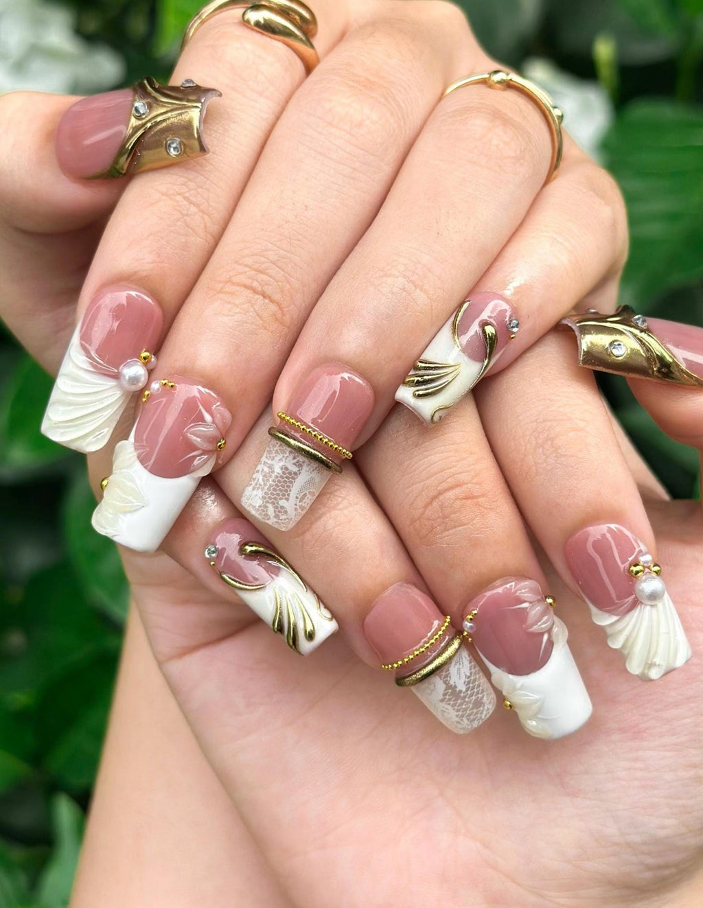 Royal Balletcore Press On Nails, Luxury Pearl Bow Fake Nails, Handpainted Gold French