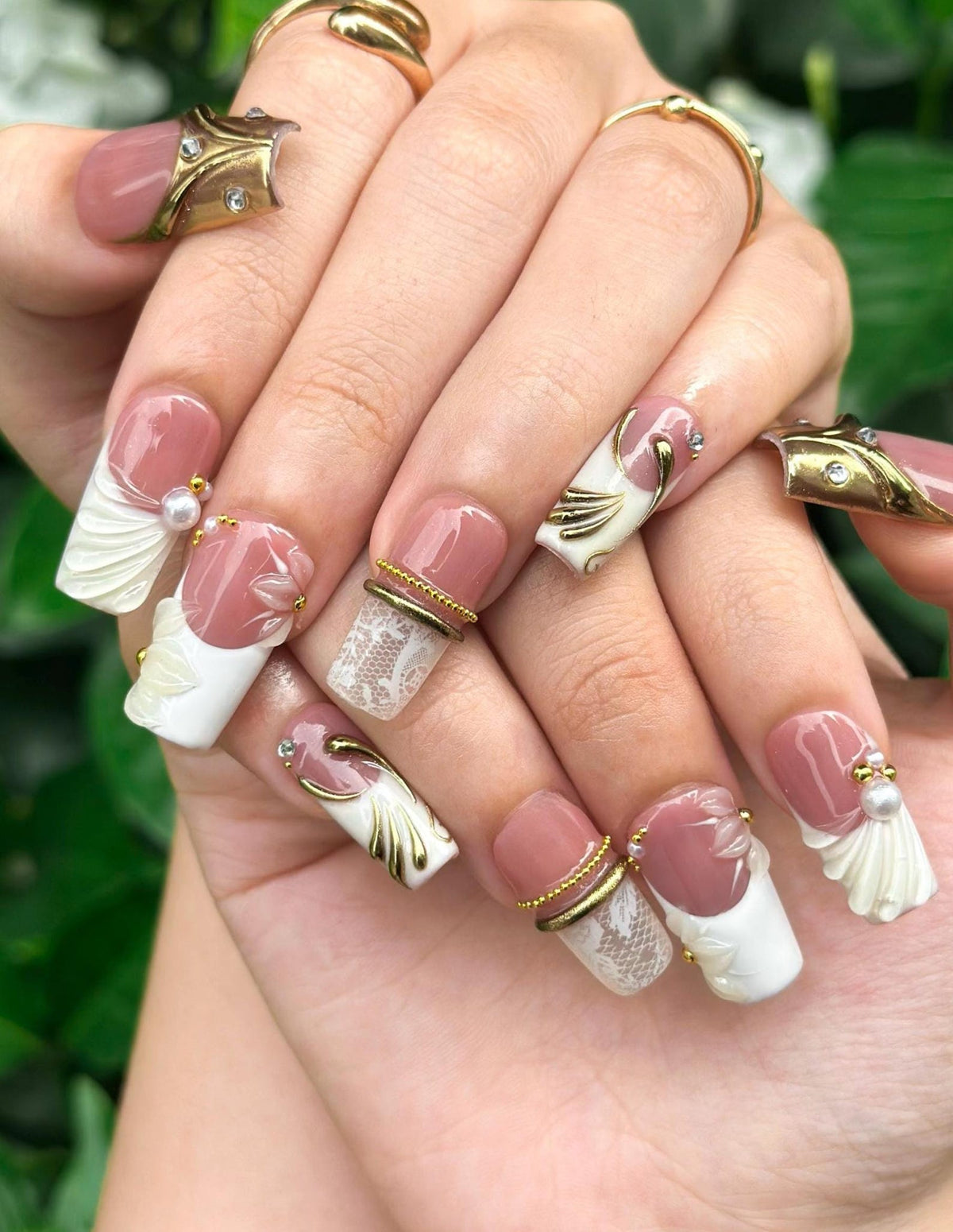 Royal Balletcore Press On Nails, Luxury Pearl Bow Fake Nails, Handpainted Gold French