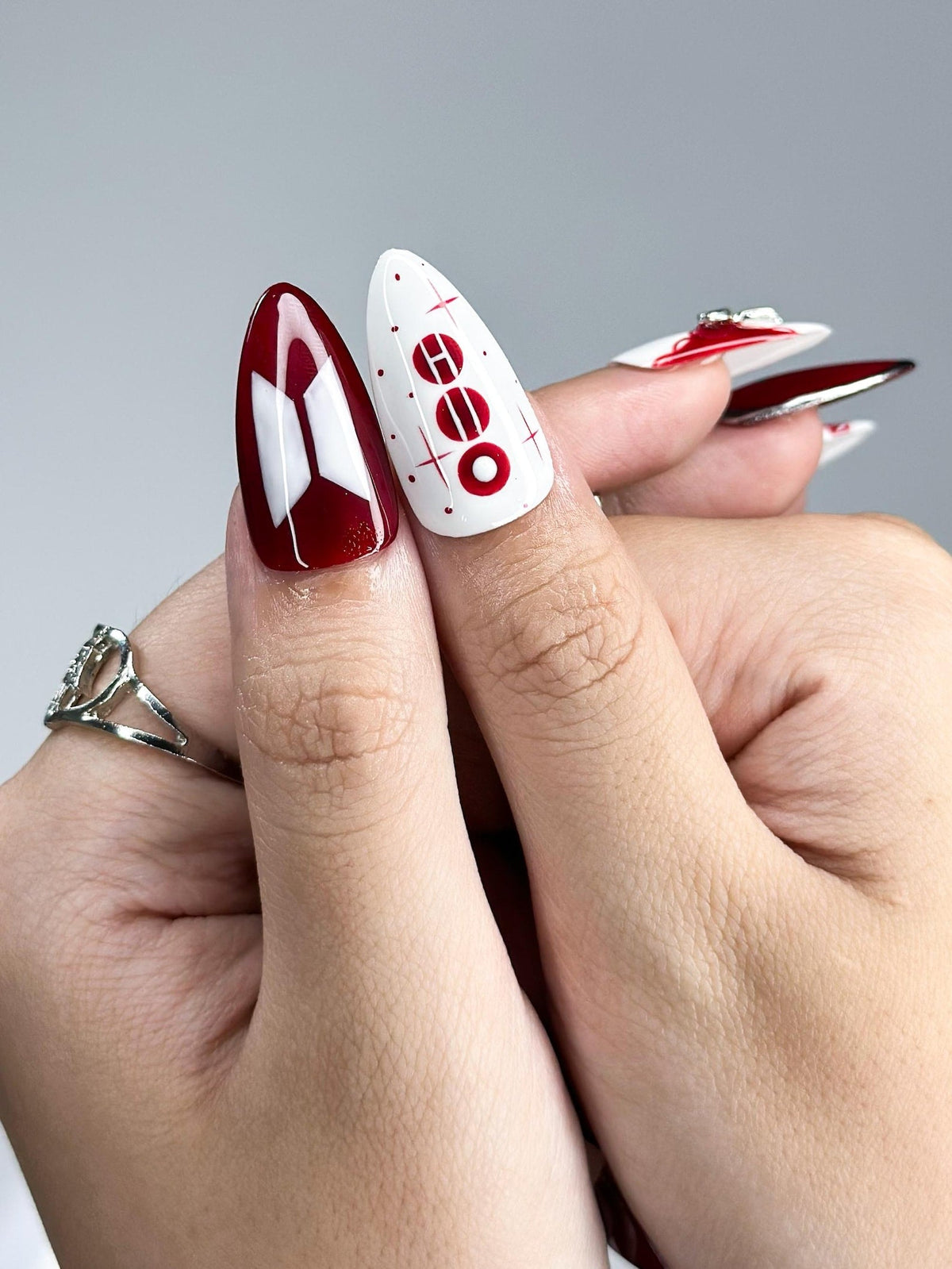 Kpop Inspired Cupid Voyage Nails, 7 Spirit Arirang Love Muse Press Ons, Red White Silver