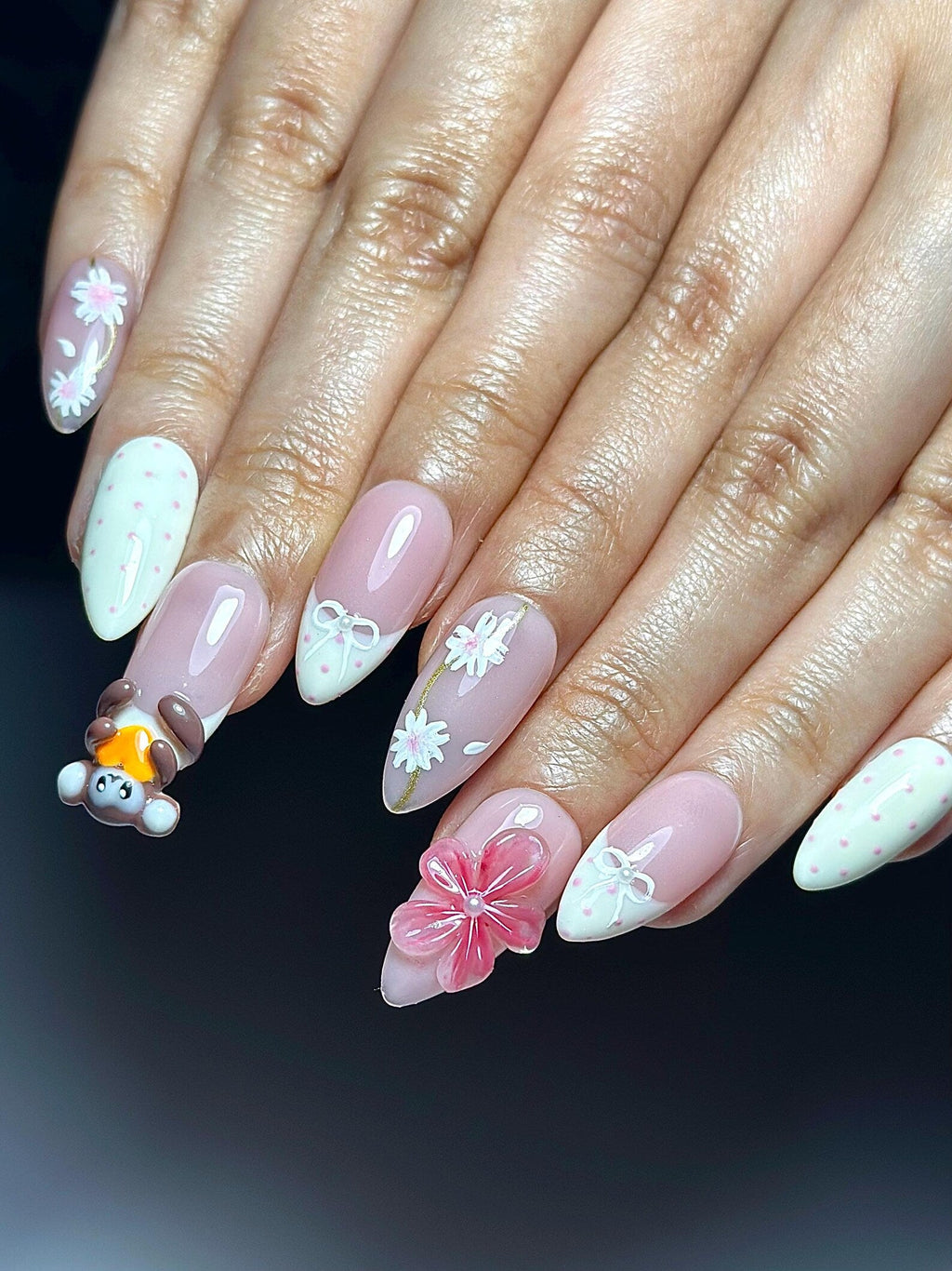 Soft Pink Mokey Press On Nails Cute Bow & Daisy Nail Art Kawaii Nails Elegant Spring