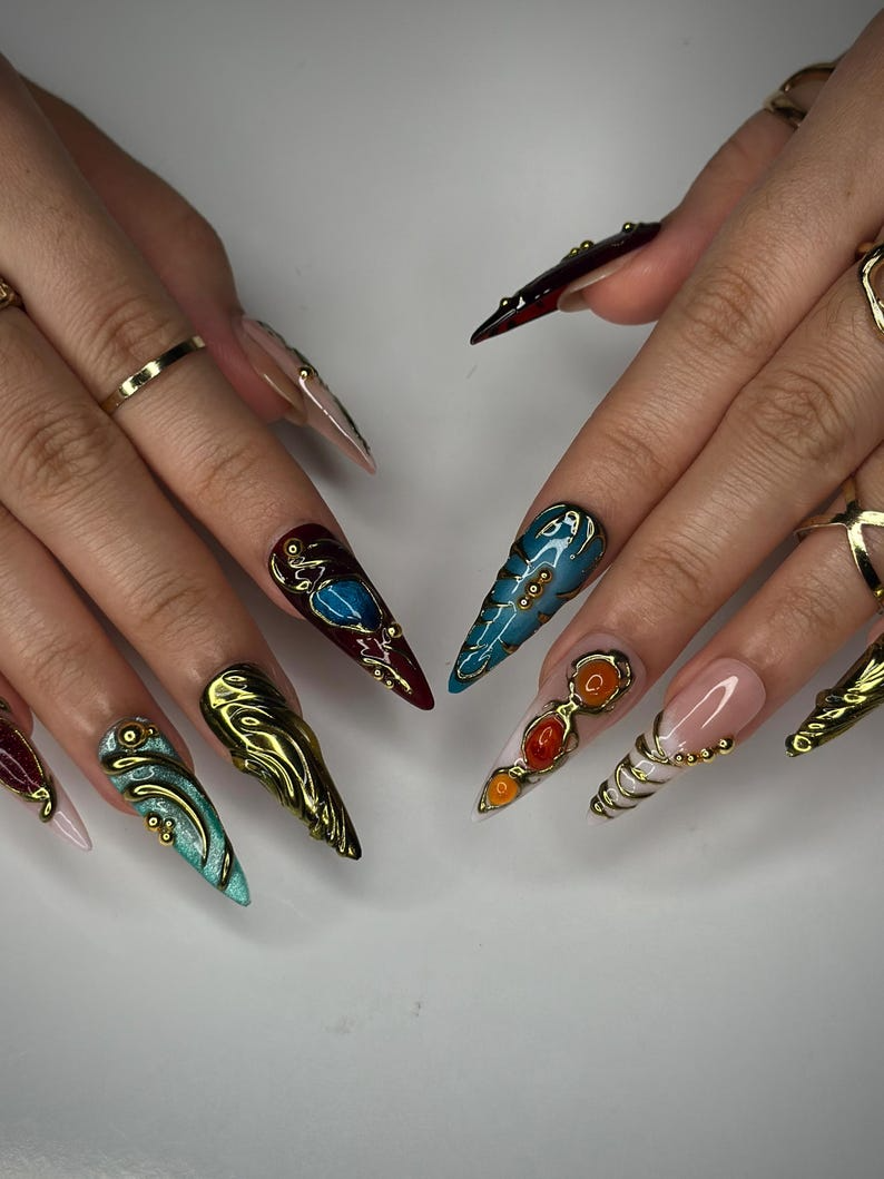 Colorful 3D Texture Press On Nails 3D Gemstone Royalty Nail Art Handmade Luxury Statement Nails Elegant Fantasy Nail Set