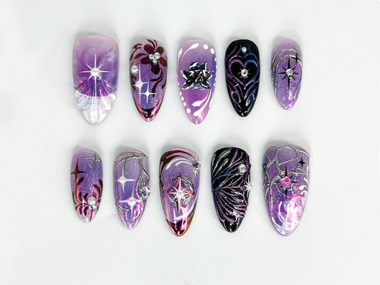 Galaxy Glitter Purple Press On Nails Galaxy Star Nail Art Metallic Purple Nails Elegant Nail Set Holographic Star Nails OB671HC