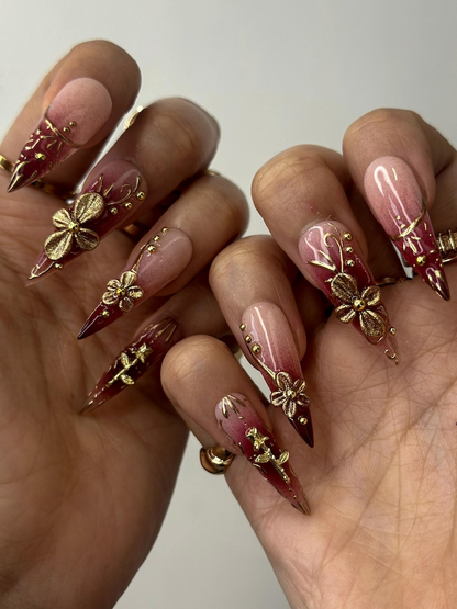 Golden Red Press On Nails Burgundy & Gold Floral Nail Art 3D Metallic Flower Design Luxury Nail Set Long Stiletto Press Ons