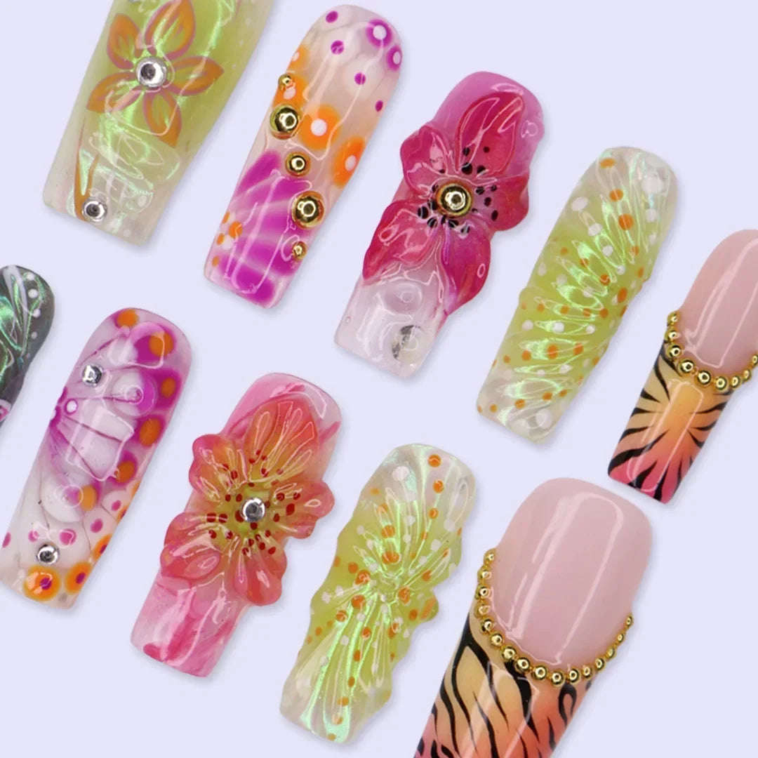 Jungle Mirage Floral Tropical Pink Orange Press On Nails