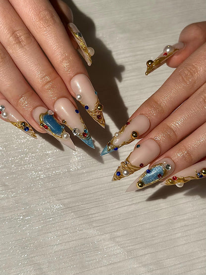 3D Floral Press On Nails Green Leaf Pink Chrome Nails Handmade Flower Nail Art Elegant