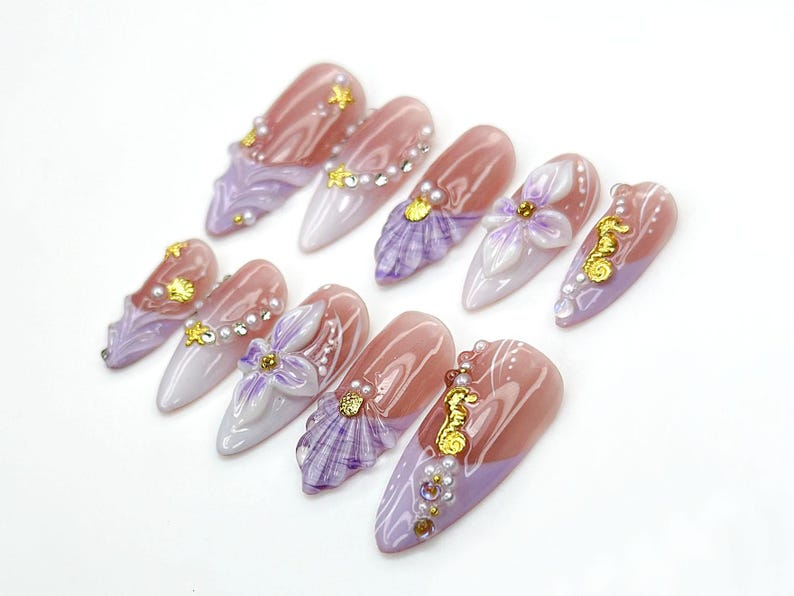 Lavender Ocean Bloom Press On Nails 3D Seashell & Seahorse Nail Art Purple Floral Mermaidcore Tips Long Glossy Set