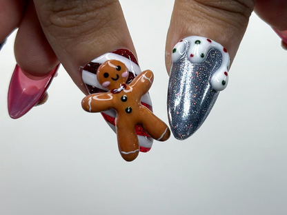 Gingerbread Red Christmas Press On Nails 3D Christmas Cookie Nail Peppermint & Snowman Holiday Nails| Red Glitter Festive Nails