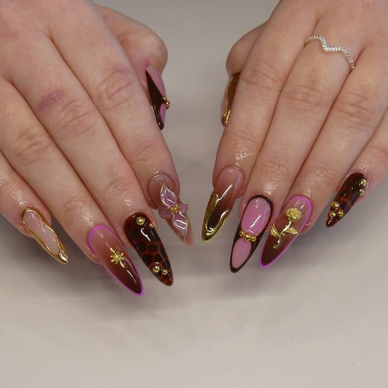 Golden Rose Luxe Press On Nails Pink & Brown Glam Nail Art 3D Bow And Rose Accents Handmade Luxury Stiletto Nails