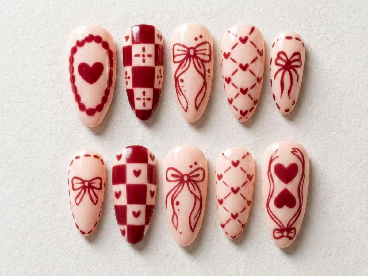 Sweetheart Bow Valentine Press On Nails Heart Ribbon Romantic Nail Art Red Gingham Love Nails Cute Romantic Nail Set