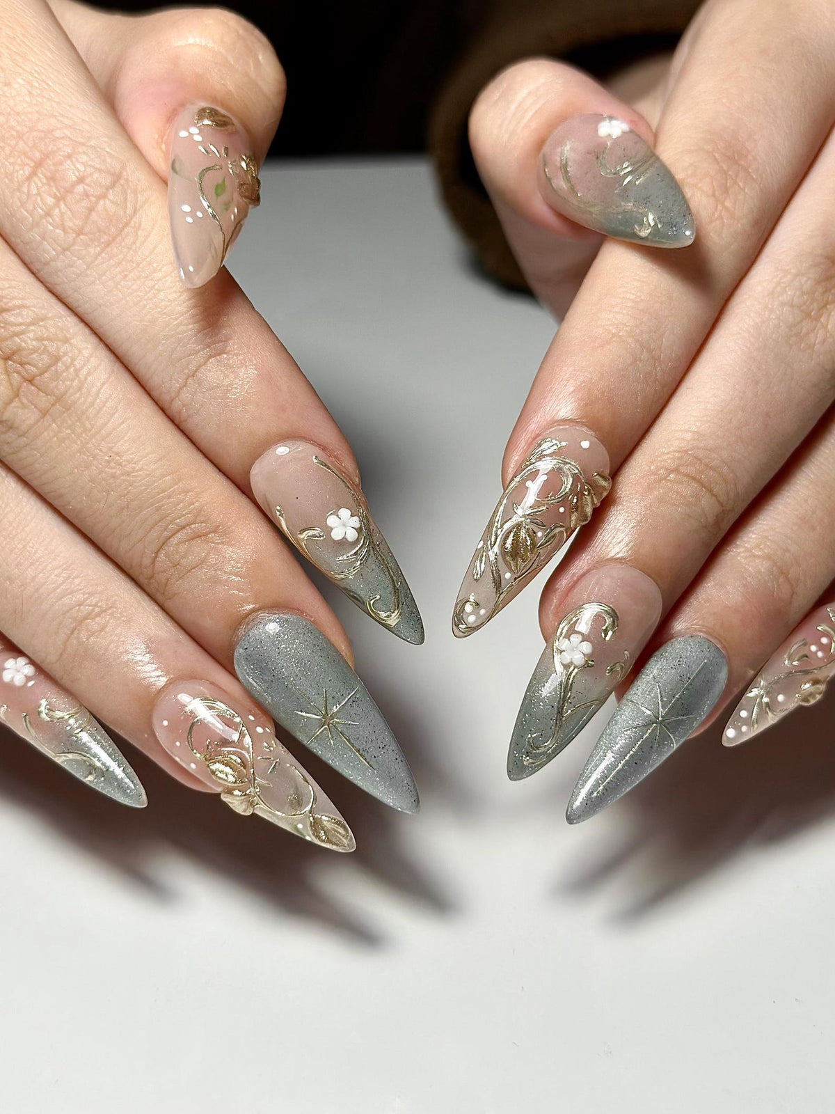 Elegant Gold Floral Cat eyes Nails, Nude Sage Blue Nails, Luxury Minimal Nails, Jasmin