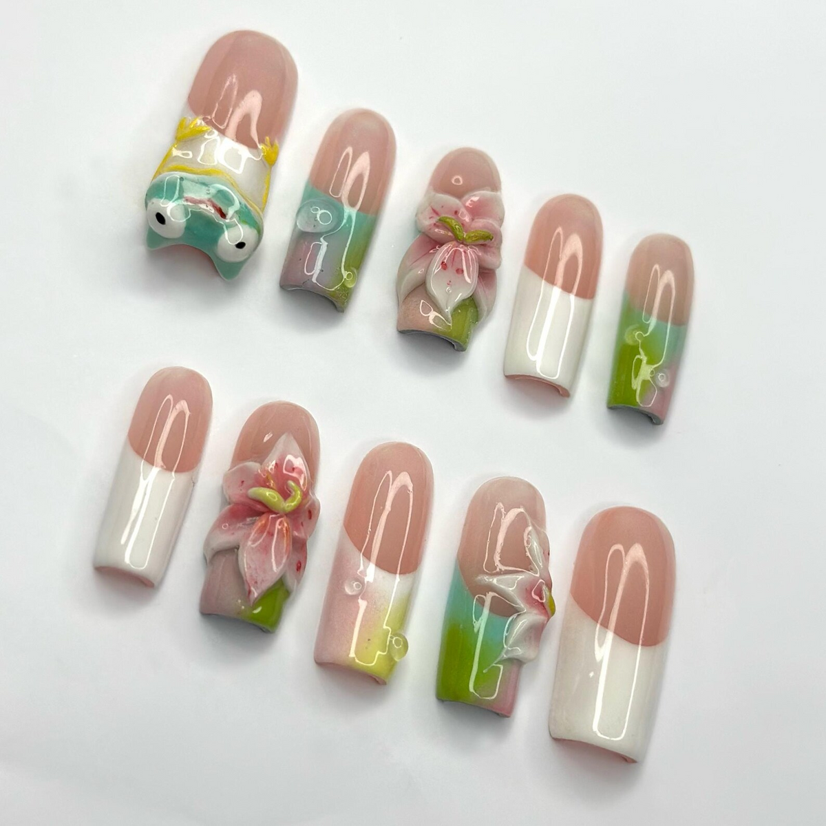 Handmade Frog Press On Nails, Fairy Garden Nails with 3D Flowers, Cute Cottagecore Gift
