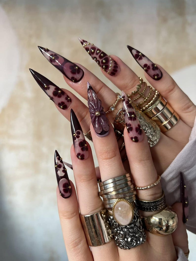 Fall Rose Luxe Press On Nails, Pink & Brown Autumn Glam Nails, 3D Bow and Rose Accents