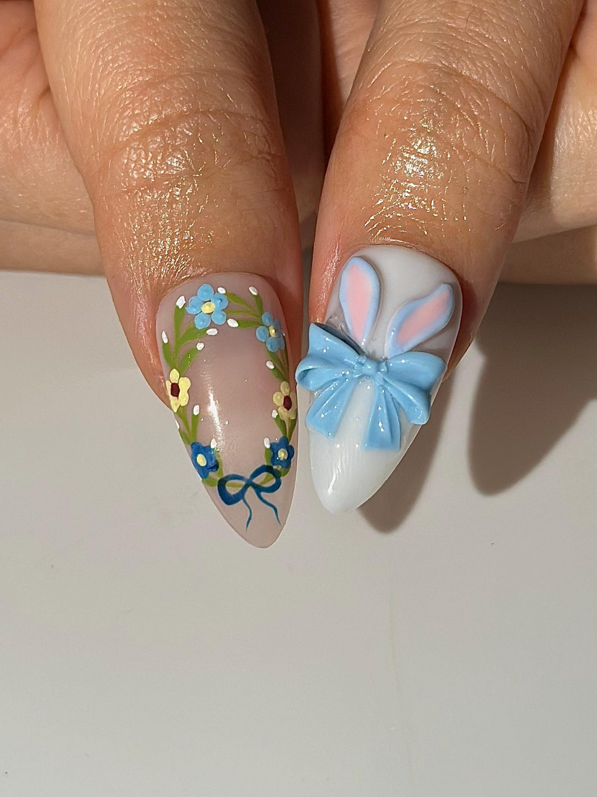 Easter Bunny Blue Press On Nails 3D Rabbit Nail Art Delft Blue Floral Nails Cute Spring