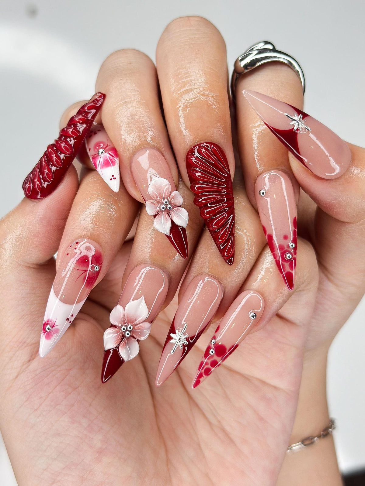 Deep Lily & Crimson Ripple Nails, 3D Floral Dark Red Press Ons, Luxury Moody Romantic