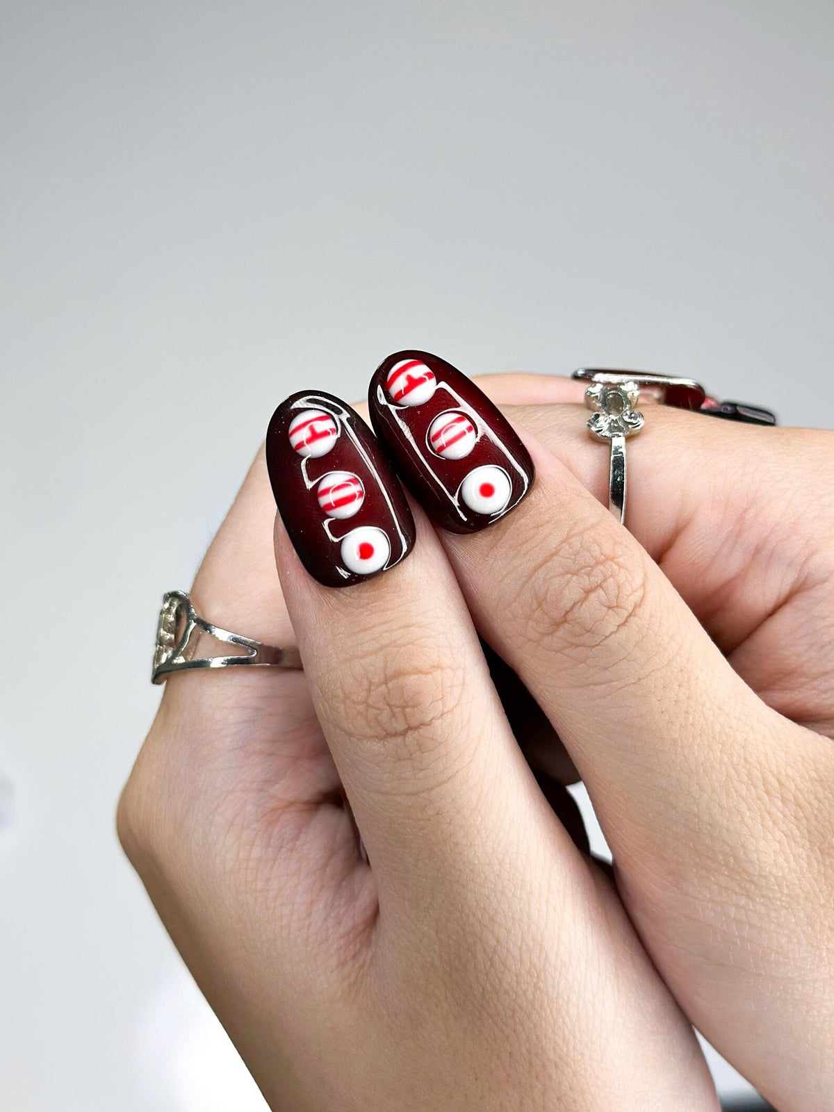 Kpop Inspired Arirang Spirit Nails, 7 Spirit Cupid Voyage Press Ons, Red White Silver 3D