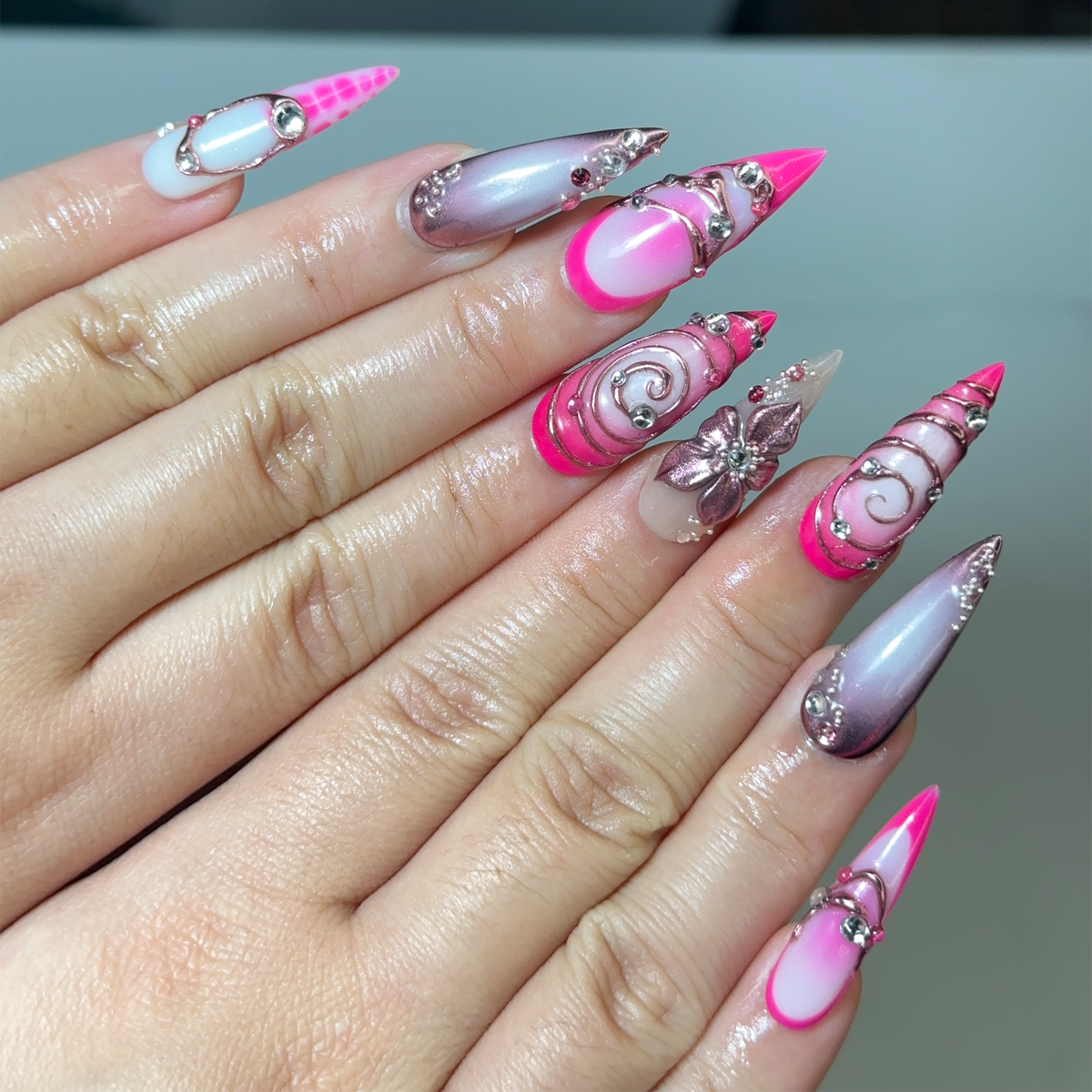 Hot Pink Press On Nails, Luxury Cyber Gyaru Stiletto Nails, 3D Chrome Flower Metallic Fake